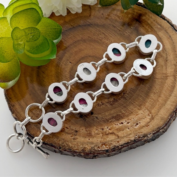 Genuine Cotton Candy Dahlia Turquoise Gemstone Bracelet Pink Blue Oval New 925 - Picture 5 of 6